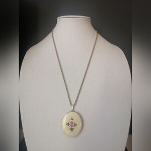 Vintage Locket Necklace Hand-painted Rose Yellow Guill Goldtone Chain